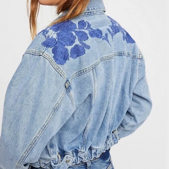 Free People Floral Cinched Back Denim Jacket - Picture 2 of 7